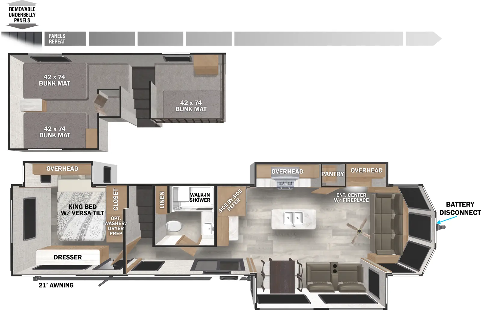 The Wildwood Lodge 42FLDL has two entries and three slide outs. Exterior features include: metal or fiberglass exterior and 21' awning. Interiors features include: loft, kitchen island, free-standing dinette option, rear bedroom and front living.